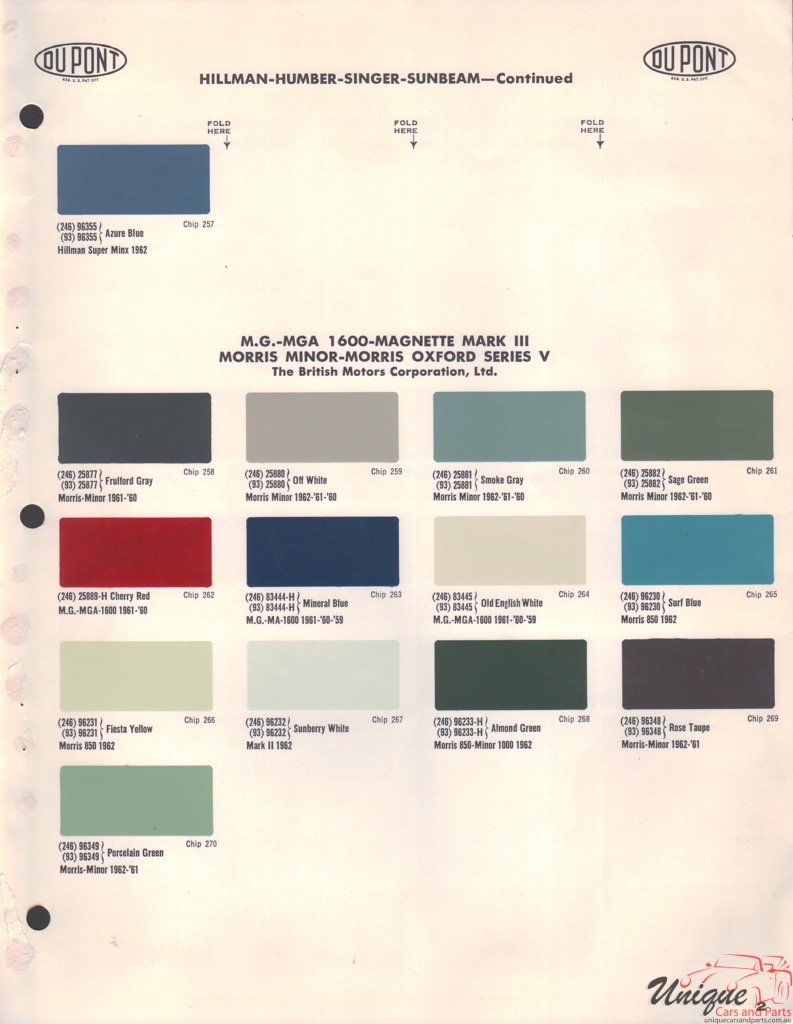 1962 MG Import Paint Charts DuPont